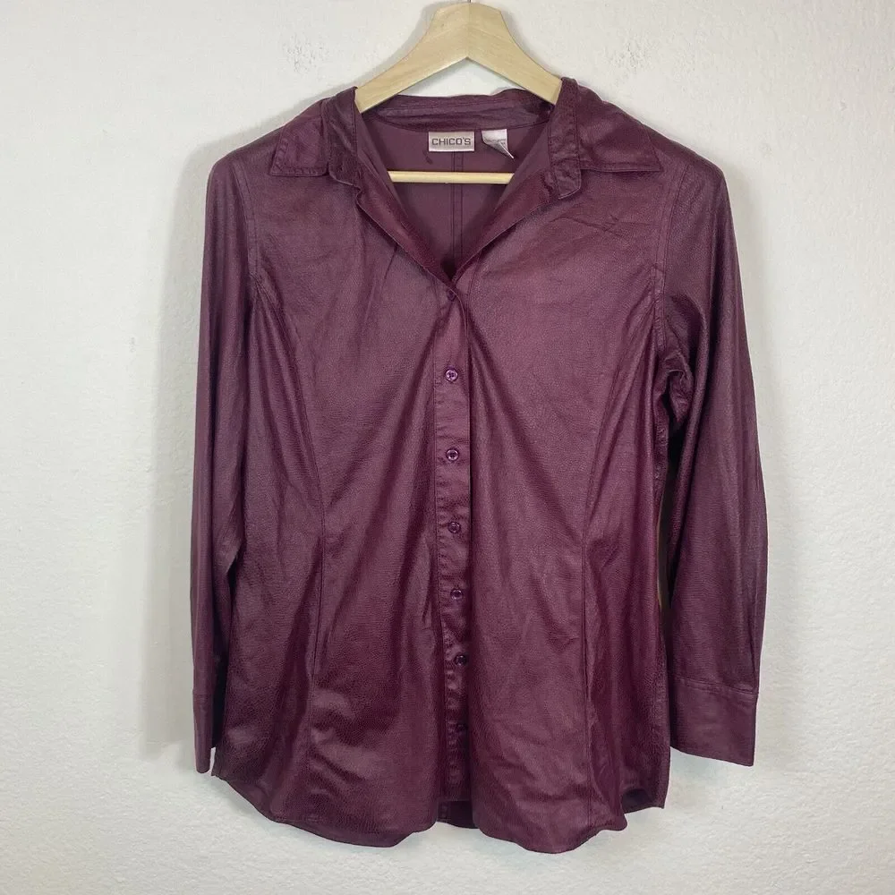 Chico's Medium Button Up Jacket Faux leather Burgundy Lightweight Animal Print